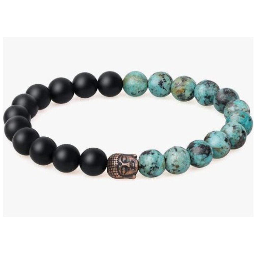 10mm African Turquoise Matte Black Onyx Buddha Head Stone Bead Stretch Bracelet